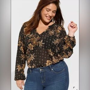 Torrid 5 Crinkle Chiffon Floral Semi Sheer Peasant Long Sleeve Black Tunic